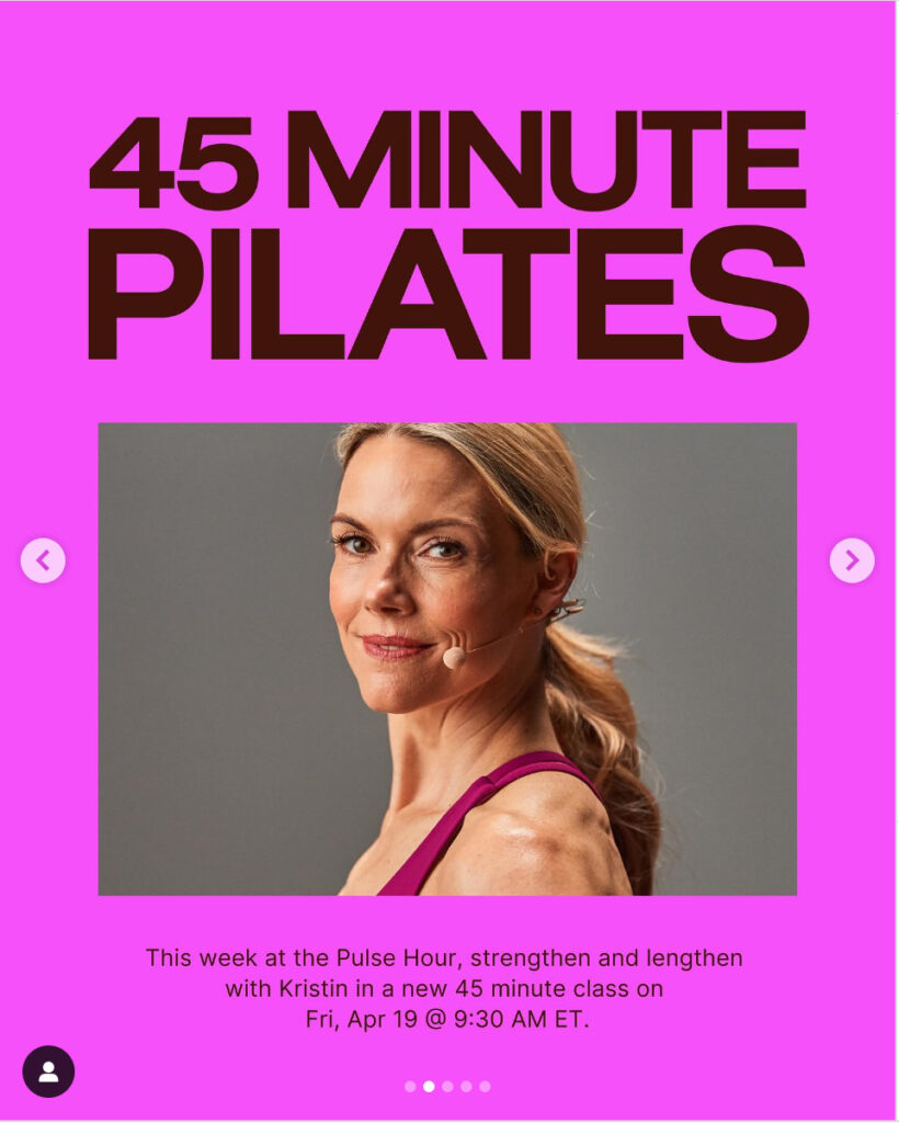 Peloton’s “This Week at Peloton” Instagram post highlighting new 45 min. Pilates with Kristin McGee. Image credit Peloton social media.